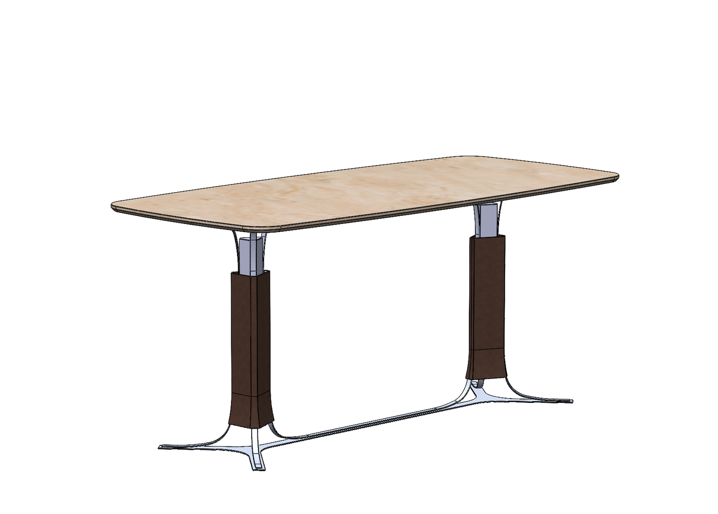 SolidWorks model of the same sit-stand desk with the columns lowered to seated height